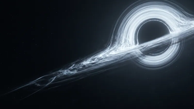 The bright accretion disc of a black hole high and right of frame, with a clean dark circle at its centre where light stops coming back, and empty space falling away to the lower left.