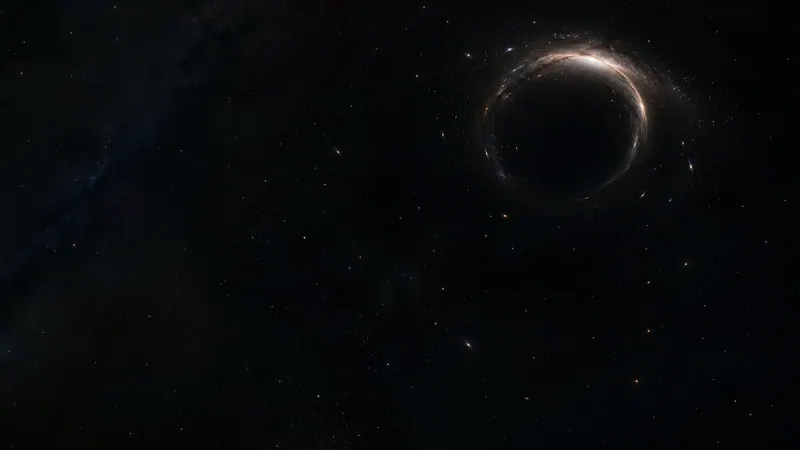 A distant galaxy smeared into a partial ring of light around a dark foreground mass, the ring sitting high and right, with empty space falling away to the lower left.