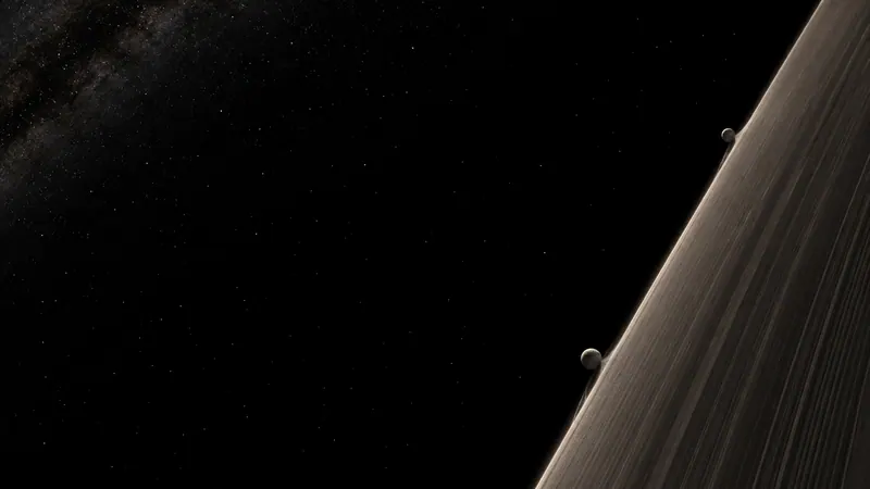 Two small shepherd moons flanking a narrow planetary ring, holding its edge sharp against the dark.