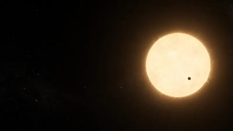 A small dark planet silhouetted low against the glowing disc of a star, the star sitting right of frame with empty space to the left.